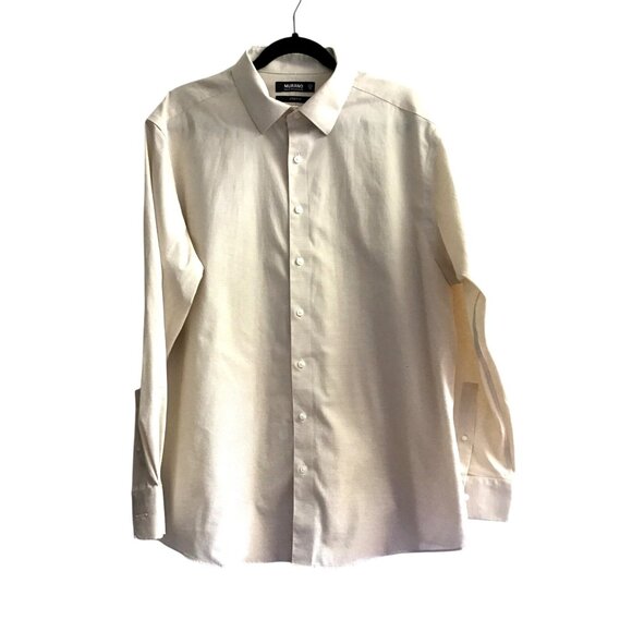 MURANO- MENS TAN STRETCH 95% COTTON LONG SLEEVE BUTTON DOWN SHIRT SIZE NECK 17.5 - Picture 1 of 7